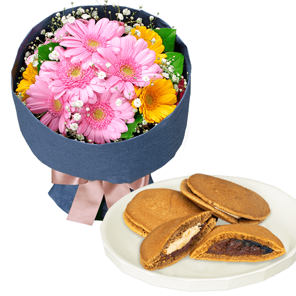 【お祝いセットギフト】ガーベラの花キューピットブーケと【果子乃季】山の口どらやき10個入