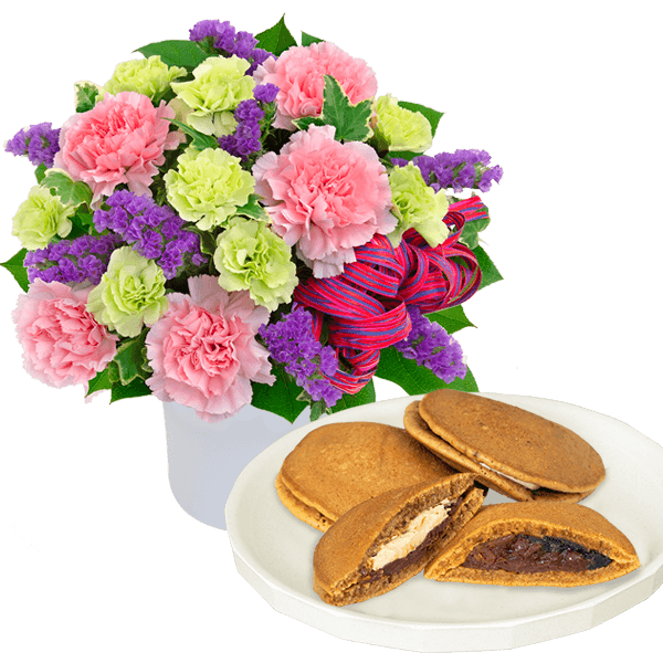 【お祝いセットギフト】ピンクと紫のナチュラルなアレンジメントと【果子乃季】山の口どらやき10個入