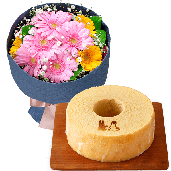 ガーベラの花キューピットブーケと【果子乃季】うさぎの森のこもれびバウム