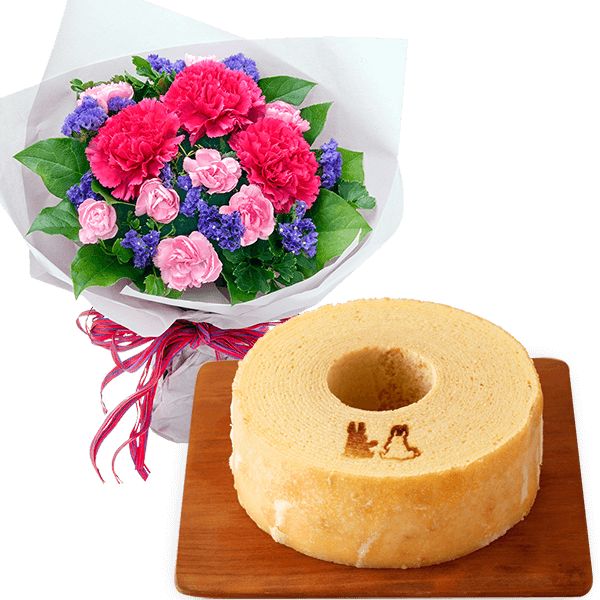 【お祝いセットギフト】ピンクカーネーションとパープルの花束と【果子乃季】うさぎの森のこもれびバウム