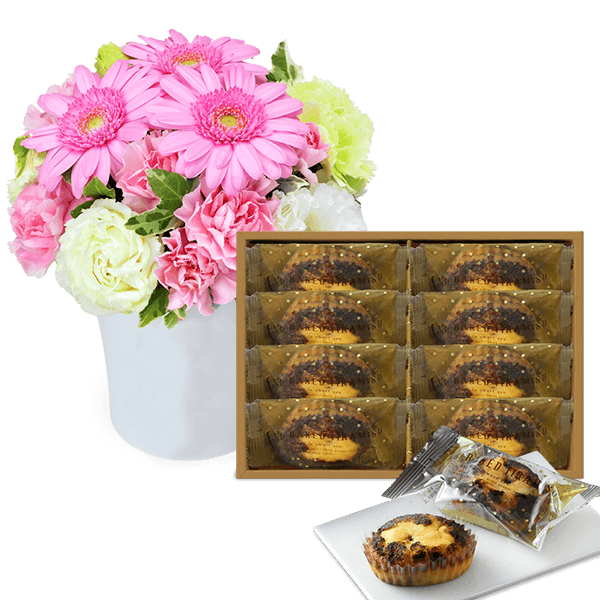【ホワイトデーセット】ピンクガーベラのナチュラルアレンジメントと【シーキューブ】焼きティラミス 8個入