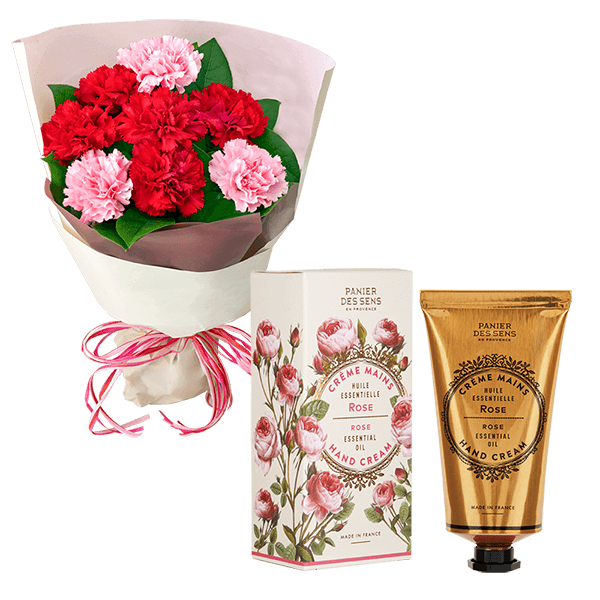 【母の日セットギフト】カーネーションの花束（レッド）とエッセンシャルズ ハンドクリーム（ローズ）