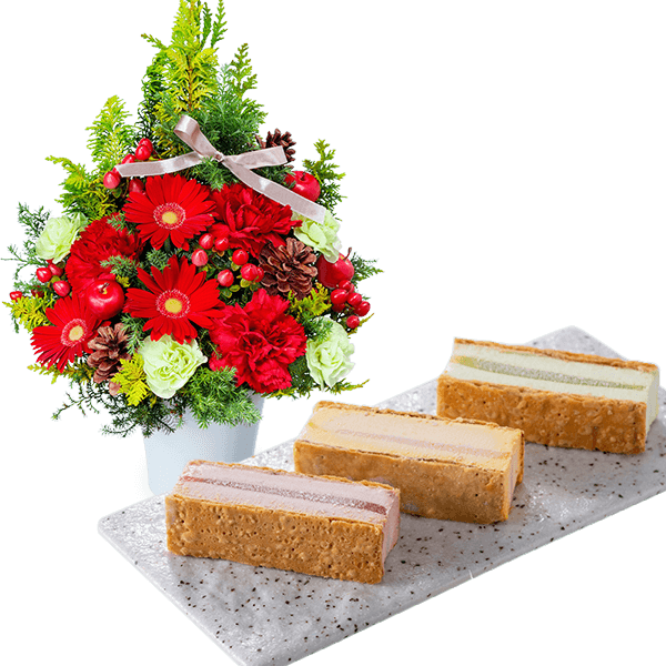 【クリスマスセットギフト】クリスマスのツリー風アレンジメントと【銀座千疋屋】銀座ミルフィーユアイス
