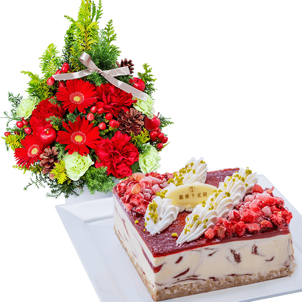 【クリスマスセットギフト】ツリー風アレンジと【銀座千疋屋】ストロベリーアイスケーキ