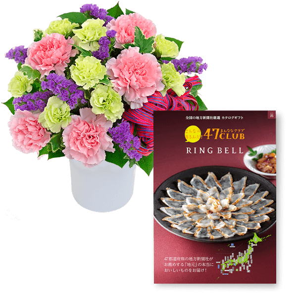 【お祝いセットギフト】ピンクと紫のナチュラルなアレンジメントとグルメカタログ 5000円コース