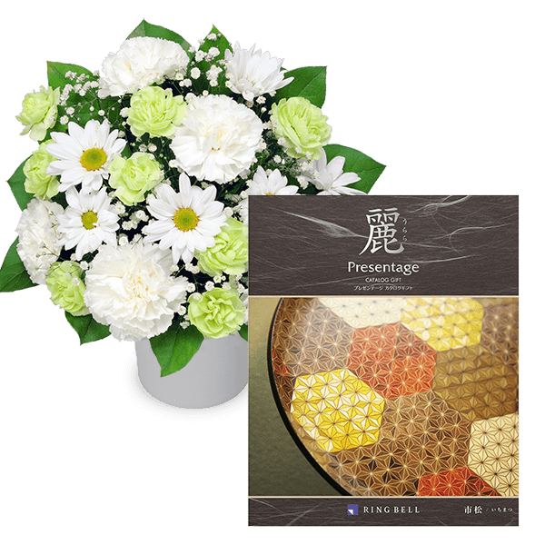 【お供えセットギフト】お供えのアレンジメントとグルメカタログ 麗(うらら) 〔市松(いちまつ)〕