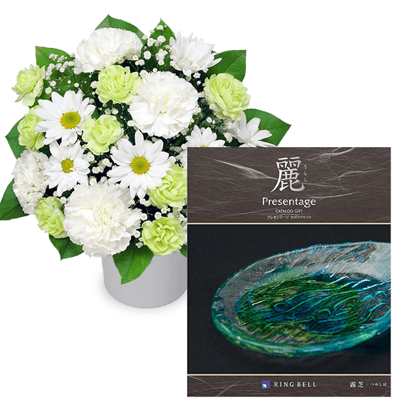 【お供えセットギフト】お供えのアレンジメントとグルメカタログ 麗(うらら) 〔露芝(つゆしば)〕