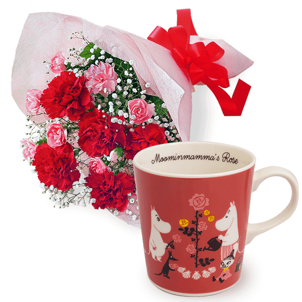 カーネーションの花束とムーミン マグカップ（ママズローズ）