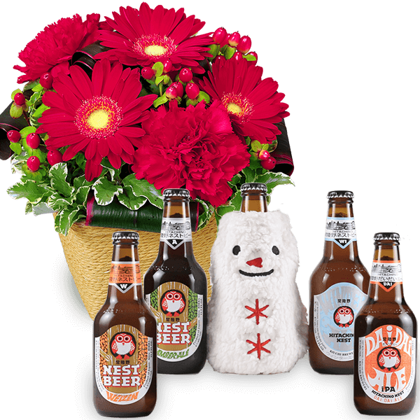 赤ガーベラのアレンジメントと冬限定◆常陸野ネストビール 5本セット