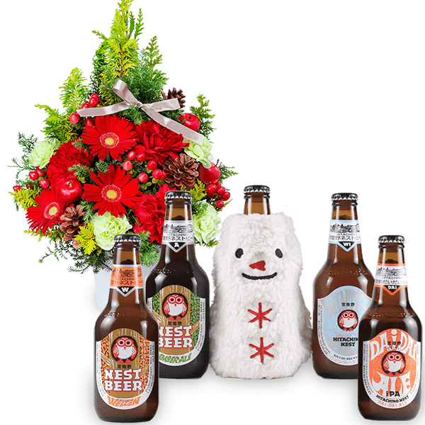 クリスマスのツリー風アレンジメントと冬限定◆常陸野ネストビール 5本セット