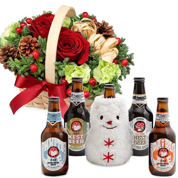 バラのクリスマスバスケットと【木内酒造】冬限定 常陸野ネストビール 5本セット