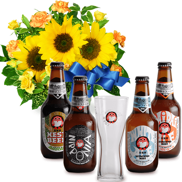 【父の日セットギフト】ひまわりのリボンアレンジメントと【木内酒造】父の日限定 常陸野ネストビール グラスセット