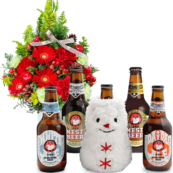 【クリスマスセットギフト】ツリー風アレンジと【木内酒造】冬限定 常陸野ネストビール 5本セット