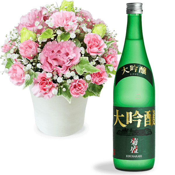 【お祝いセットギフト】トルコキキョウのふんわりアレンジメントと木内酒造 菊盛 純米大吟醸