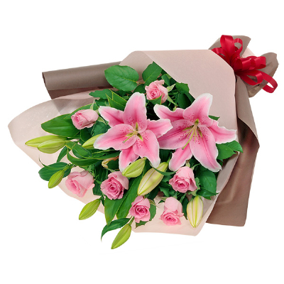 【バラ特集】ユリとピンクバラの豪華な花束 512562 ｜花キューピットのバラ 花のギフト・プレゼント特集2024