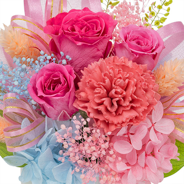 【母の日プリザーブドフラワー】ピンクバラのキュートなプリザーブドフラワーアレンジメントピンクのバラとリボンでかわいらしく仕上げたギフト