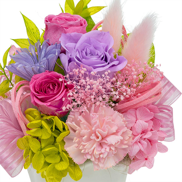 【母の日プリザーブドフラワー】ピンクパープルのプリザーブドフラワーアレンジメント品のあるピンクと紫の花々をぎゅっと詰め込みました