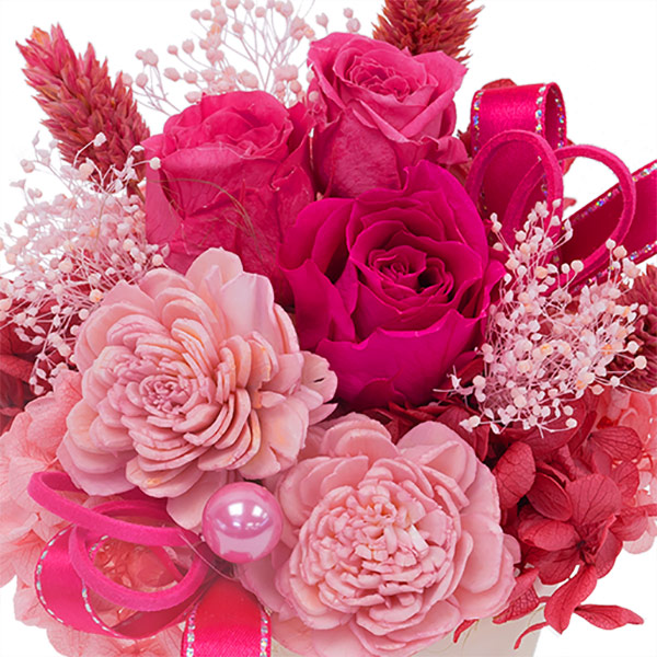 【プリザーブドフラワー】グラデーションピンクのプリザーブドフラワーアレンジメントピンクのバラを陶器にアレンジしたエレガントなギフト