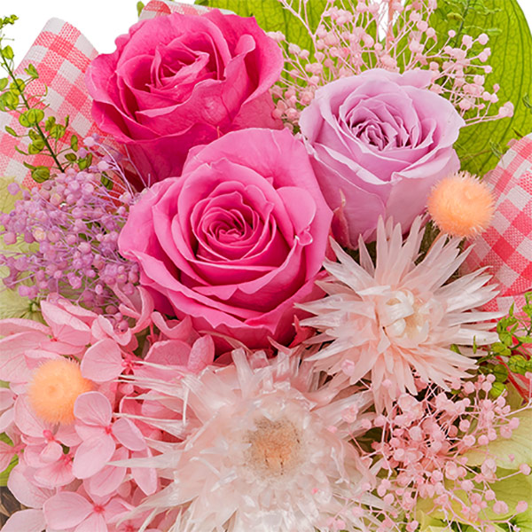 【母の日プリザーブドフラワー】ピンクバラのプリザーブドフラワーバスケットピンクの花々のナチュラルなバスケット