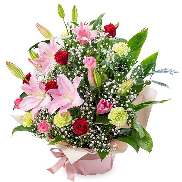 【母の日ギフト】ユリとバラのプレミアムアレンジメント特別な母の日にふさわしいプレミアムな花々を美しく活けました