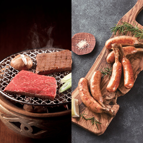 【お祝いセットギフト】ピンクと紫のナチュラルなアレンジメントとグルメカタログ 5000円コース全国47都道府県のグルメから選べます