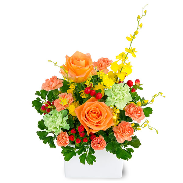 【父の日セットギフト】オレンジバラの華やかアレンジメントとどらやき こまこま（はちみつバター）6個入バターの塩味を感じるはちみつバターのどら焼き