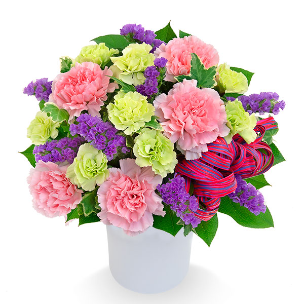 【お祝いセットギフト】ピンクと紫のナチュラルなアレンジメントとグルメカタログ 5000円コース全国47都道府県のグルメから選べます