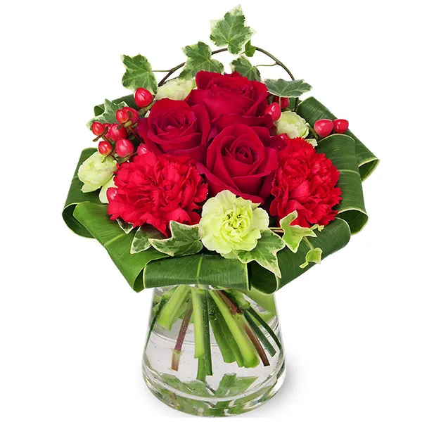 【秋の花贈り特集】赤バラのグラスブーケ（花瓶付き） 512511 ｜花キューピットの秋の花贈り ギフト・プレゼント特集2023