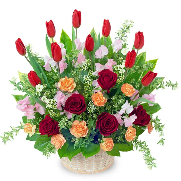 【春のお誕生日特集】赤チューリップの華やかアレンジメント 512687 ｜花キューピットの春のお誕生日 花のギフト・プレゼント特集2024