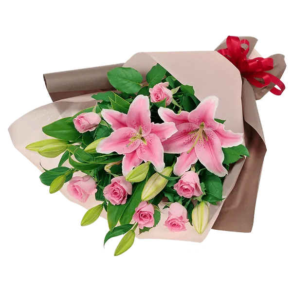 ユリとピンクバラの豪華な花束