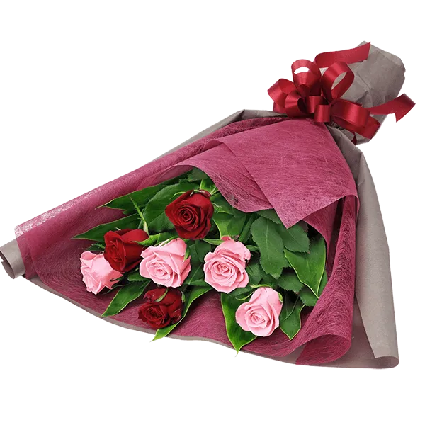 赤バラとピンクバラの花束