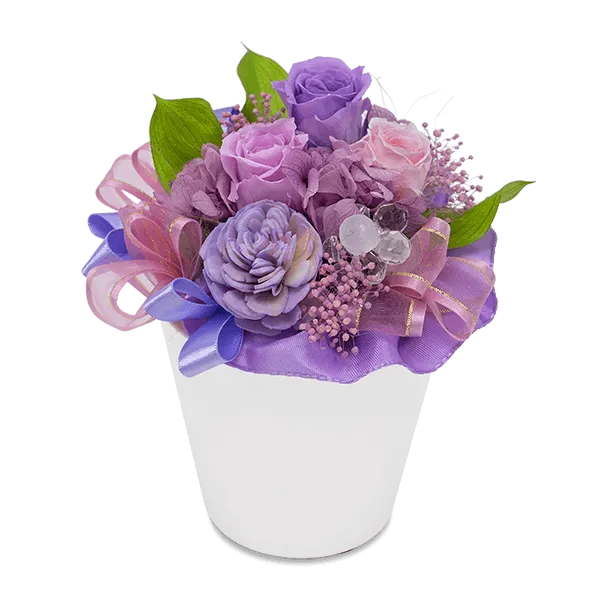 エレガントな紫バラのプリザーブドフラワーアレンジメント